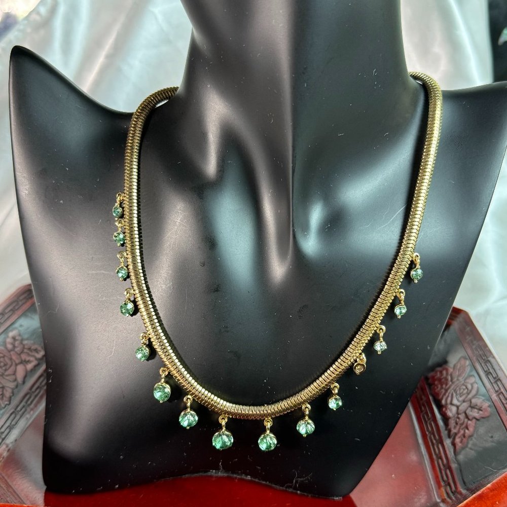 Thick Gold Tone Snake Necklace With Graduated Green Rhinestone Dangles 9$